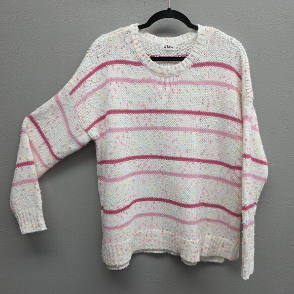 Pulse Sweater Womens Large White Pink Striped Confetti Crewneck Chunky Knit - Picture 1 of 11